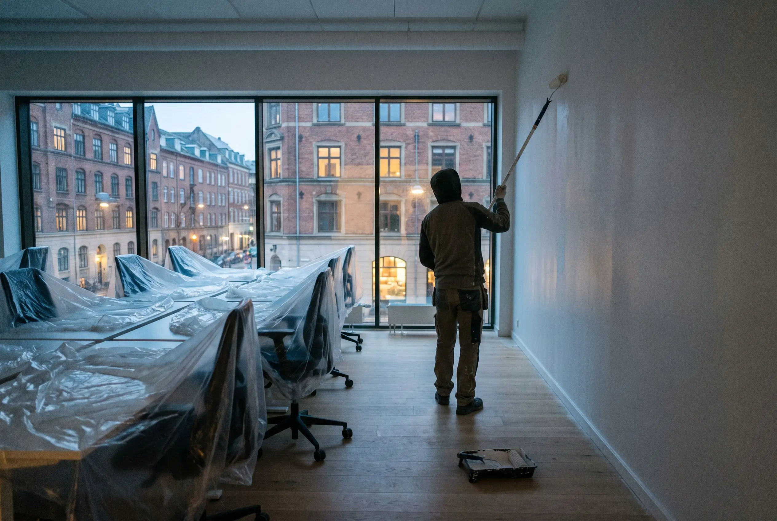 Maler ruller en væg i et kontor efter lukketid, mens skriveborde og stole er dækket af plastik