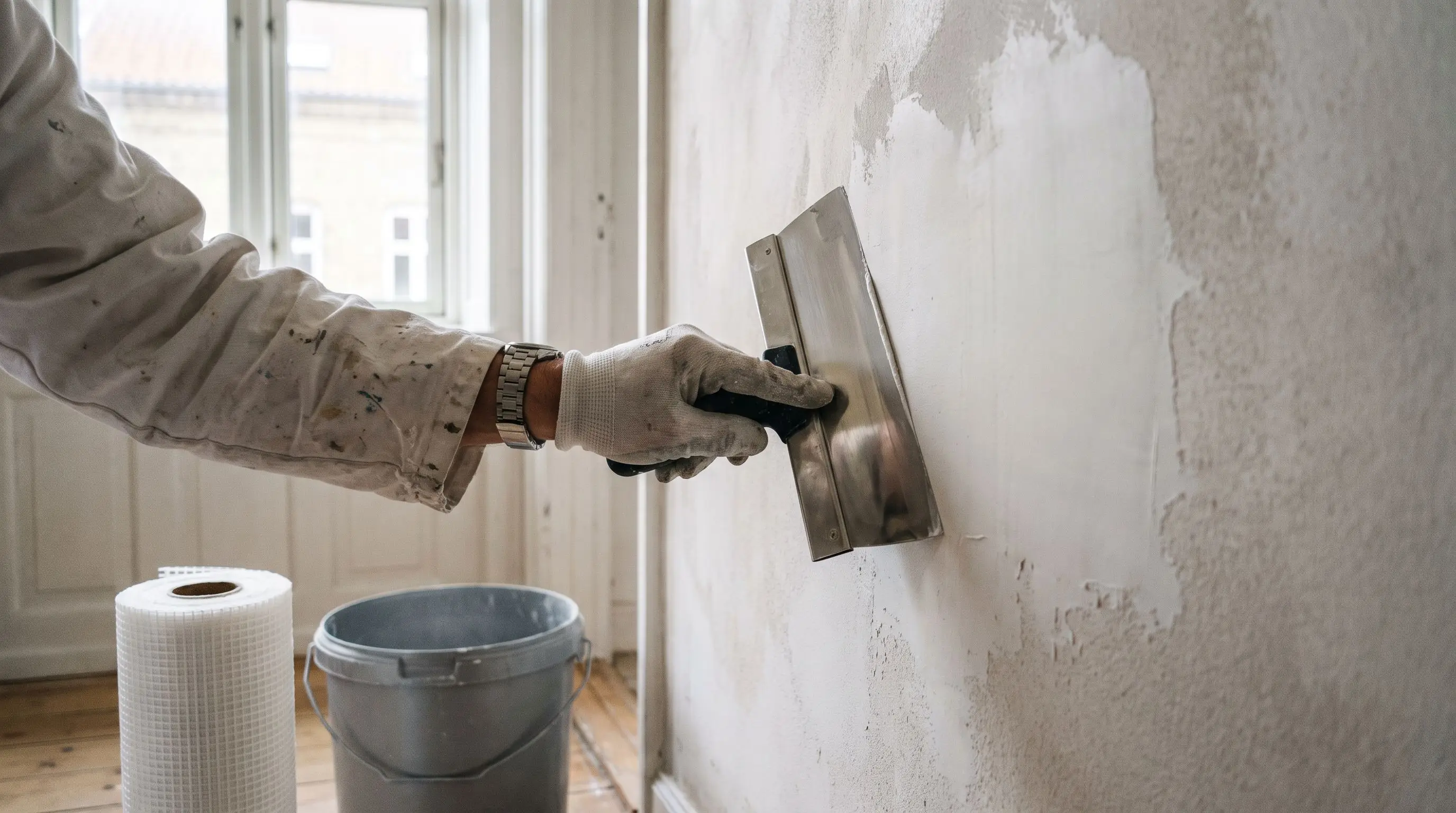 Bred stålspartel trækker hvid spartelmasse ud over en væg i sidelys, med en rulle glasfibervæv og en spand ved siden af