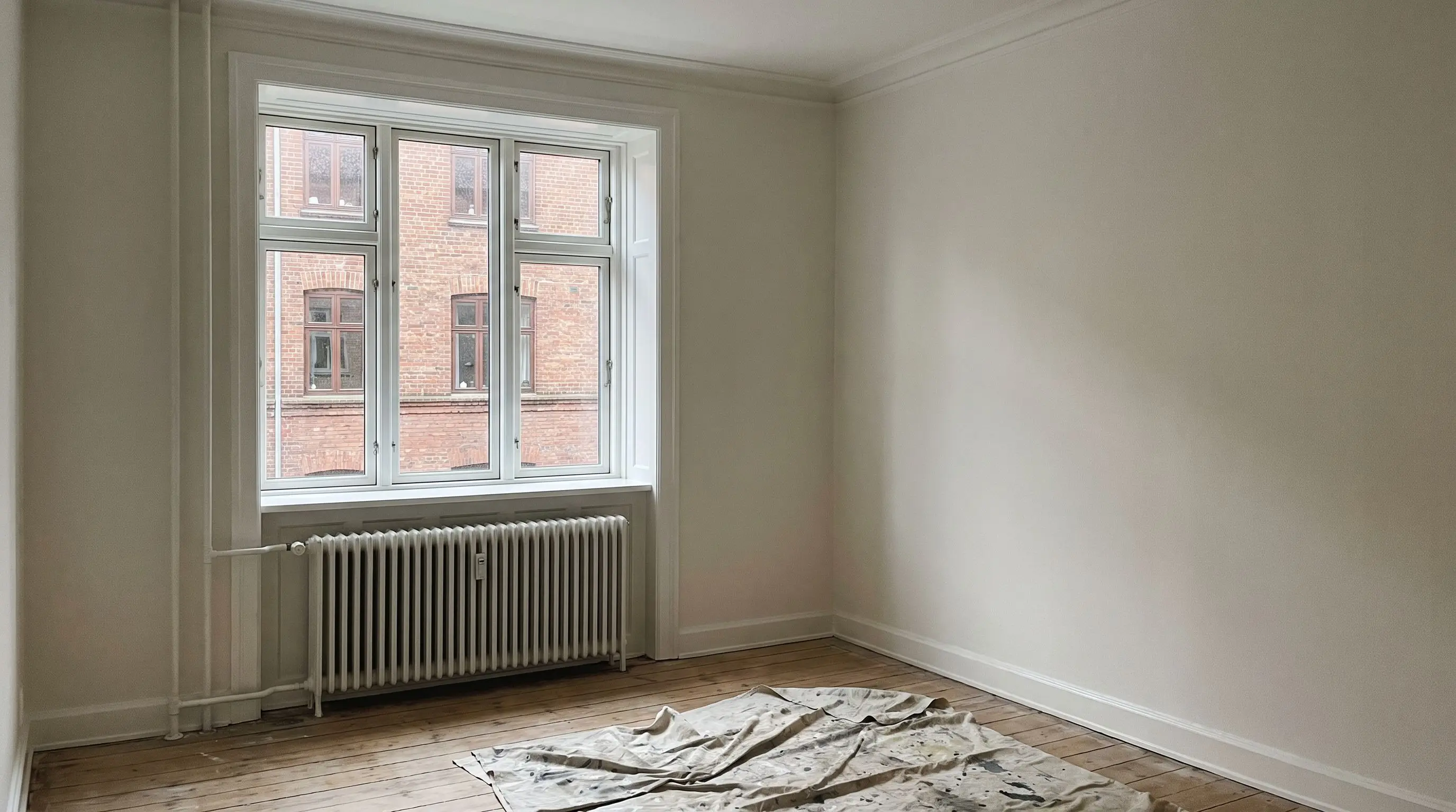 Nymalet værelse i en ældre etageejendom på Amager med hvidt vindue mod en rød murstensgård, radiator og plankegulv