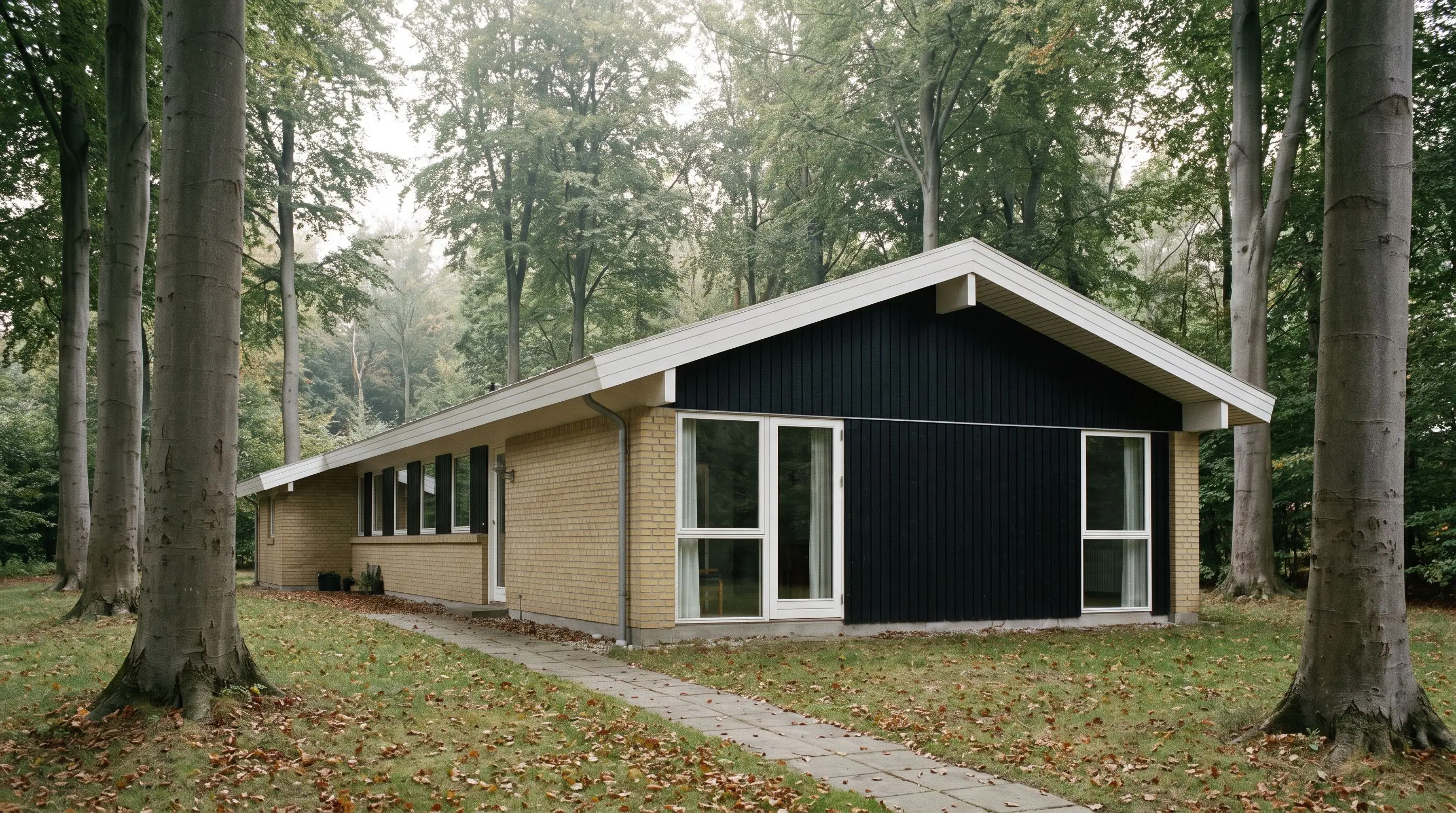 Villa fra 1960'erne i gule sten med sortmalet træbeklædning i gavlen, hvide vinduer og høje bøgetræer omkring
