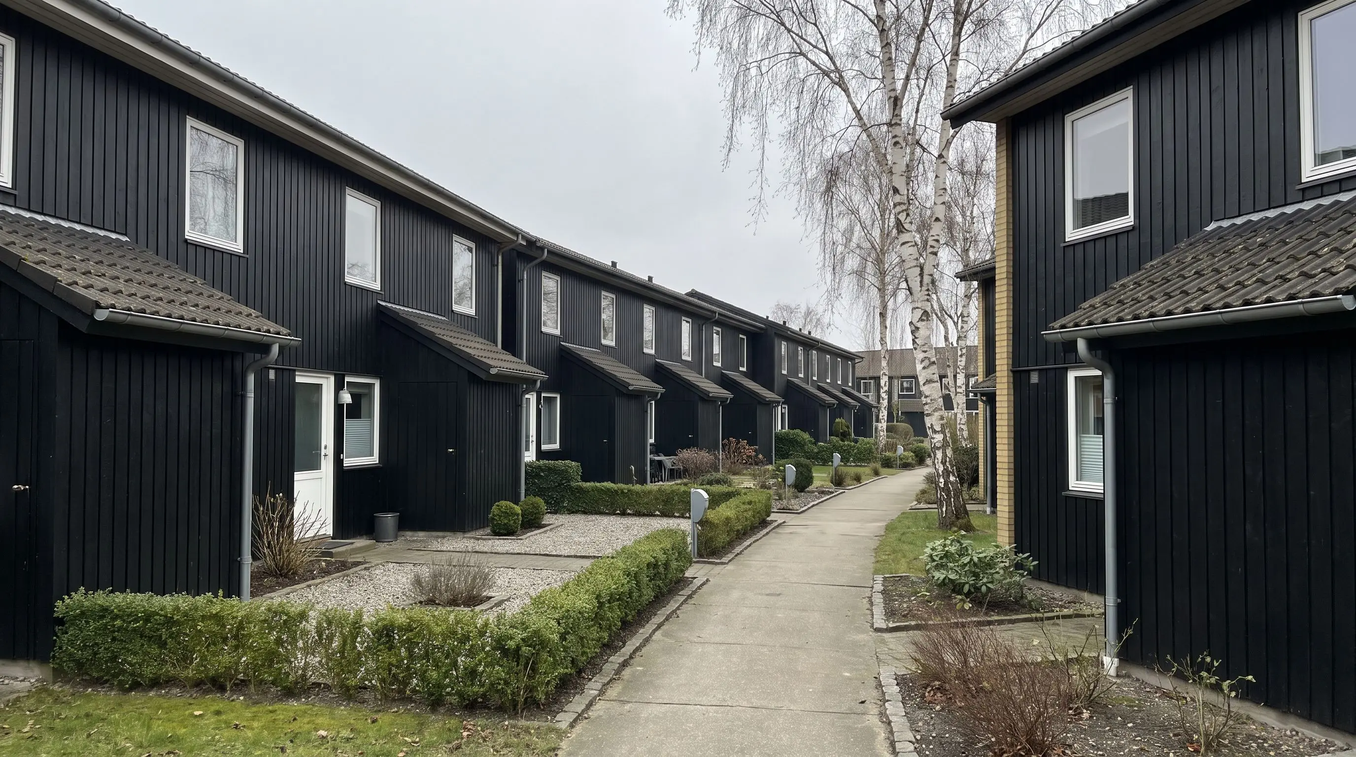 Tæt-lav rækkehuse med sortmalet træbeklædning, hvide vinduesrammer, små forhaver med hække og birketræer langs en flisesti