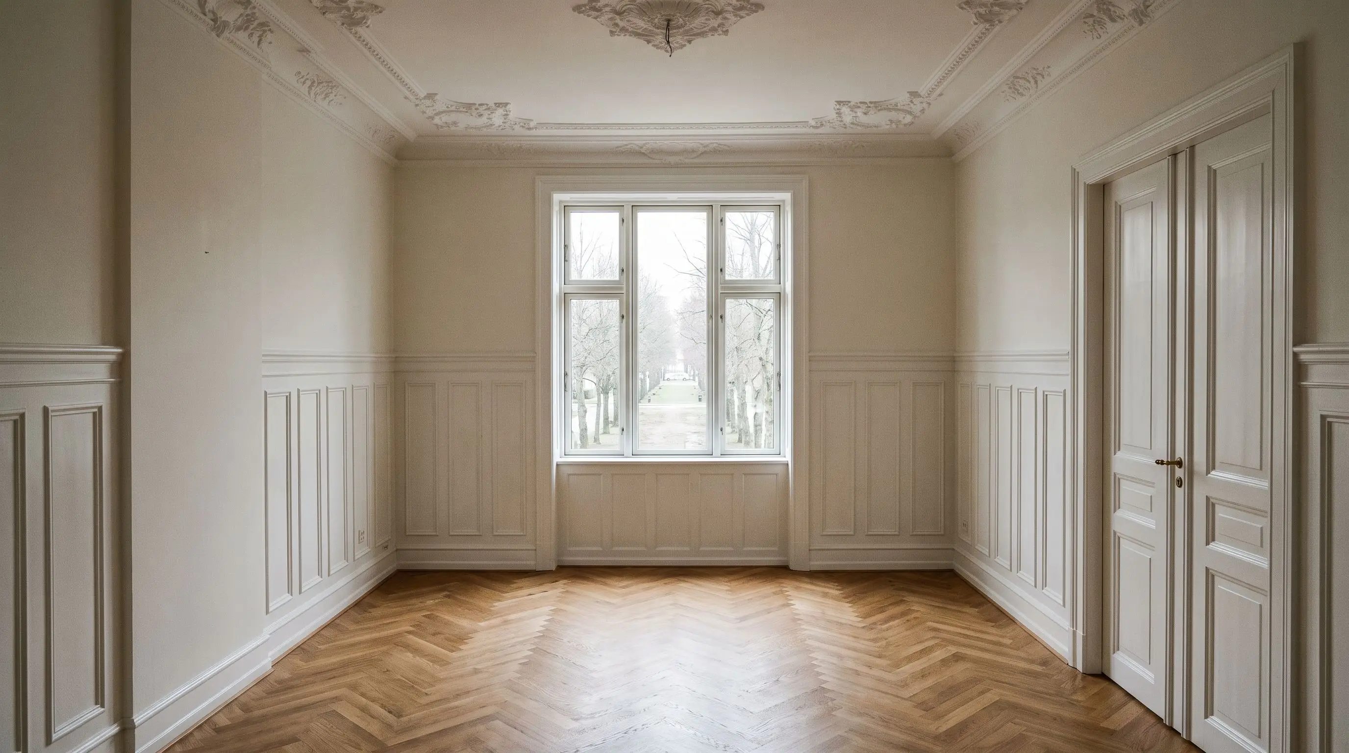Tom, nymalet stue på Frederiksberg med stuk i loftet, høje paneler, fyldningsdøre og sildebensparket ud mod en allé