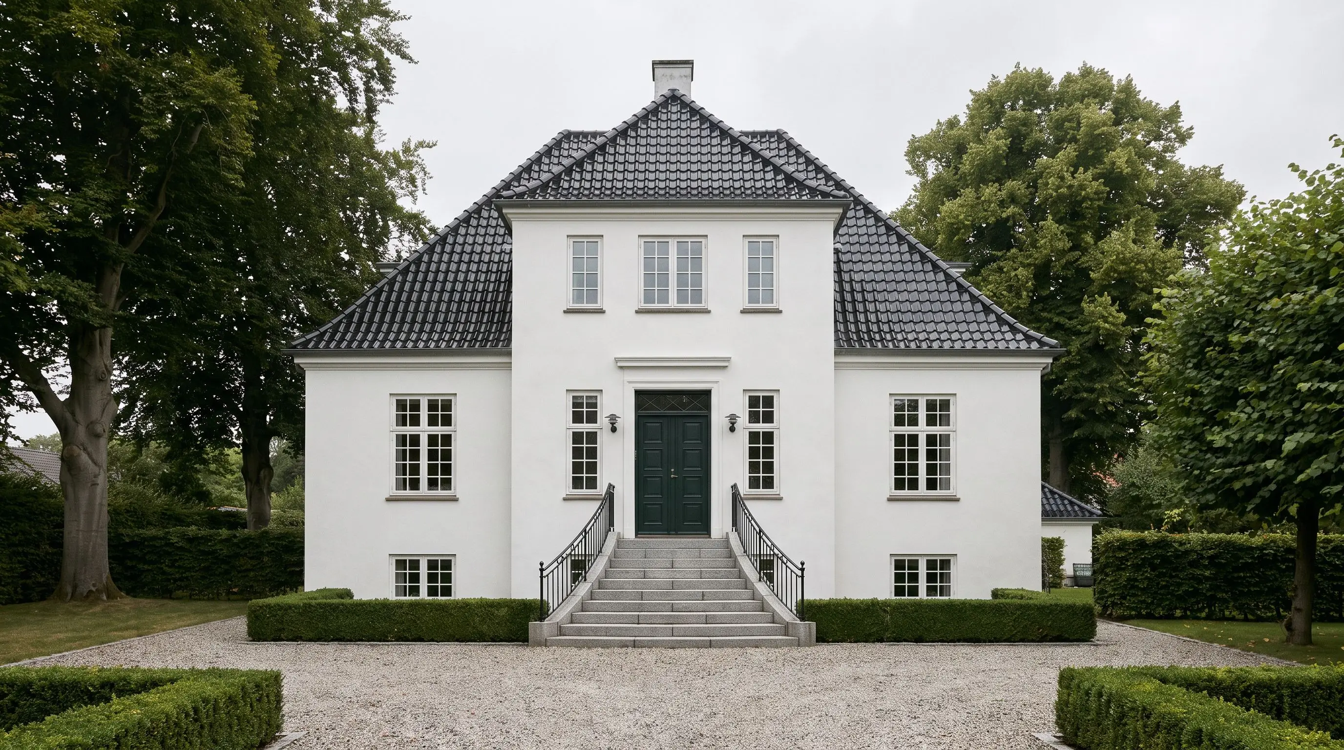 Stor ældre hvidpudset villa med sorte glaserede tegl, sprossede vinduer, mørkegrøn dør og trappe med smedejernsgelænder bag gamle træer