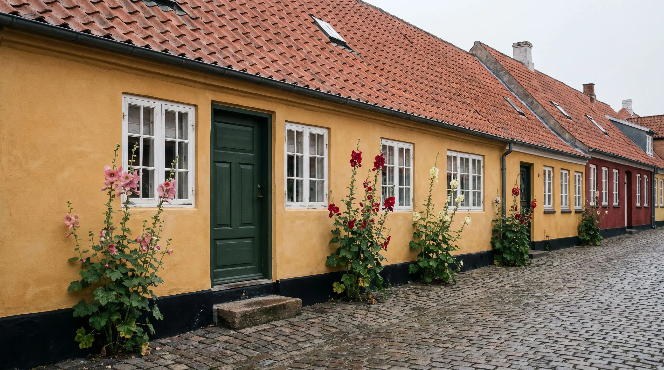 Lavt gammelt byhus med gulkalket facade, sorttjæret sokkel, grøn fyldningsdør, hvide småsprossede vinduer og stokroser i brostensgade