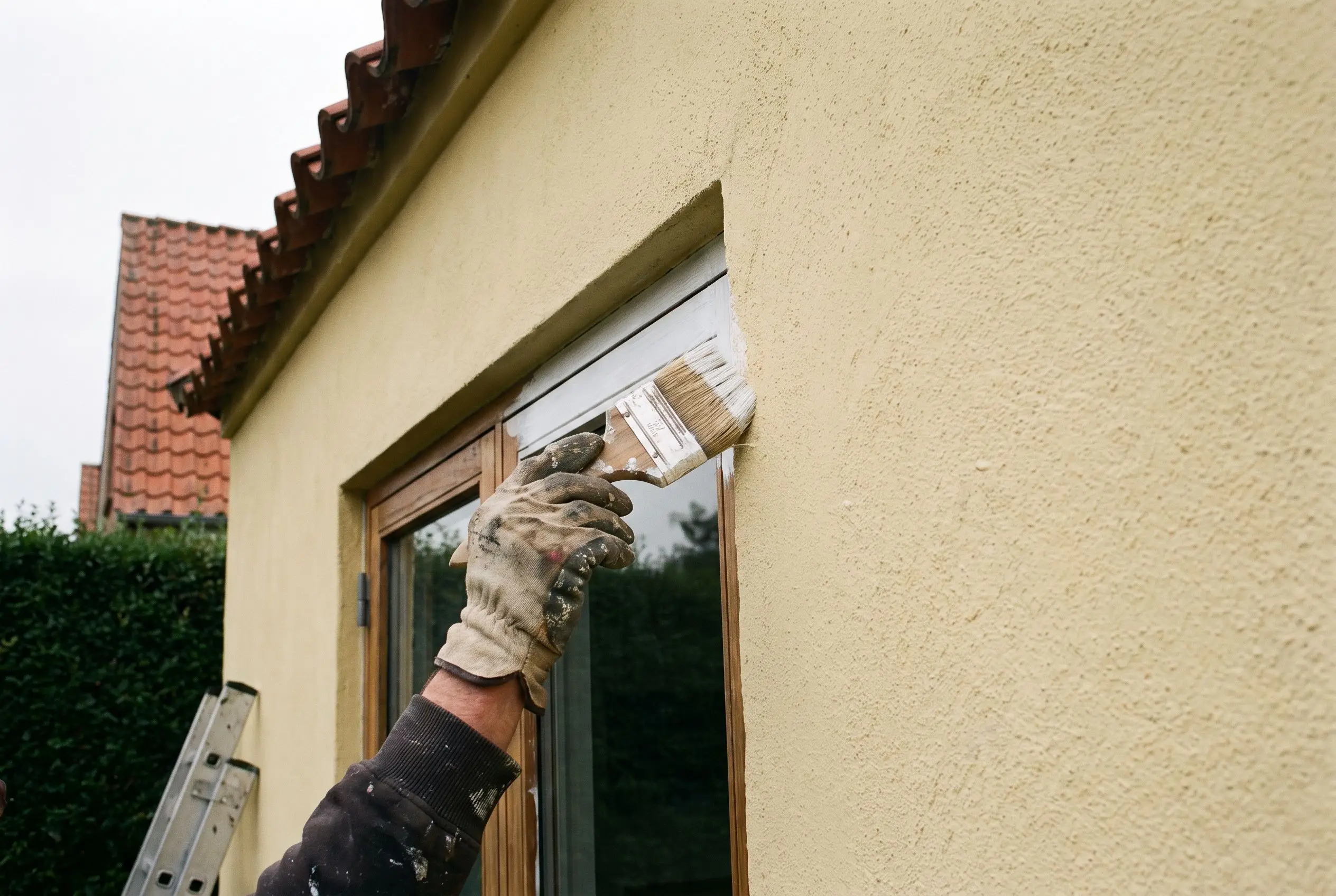 Pensel maler en hvid vinduesramme på en pudset villa med gul facade og rødt tegltag i gråt dansk dagslys