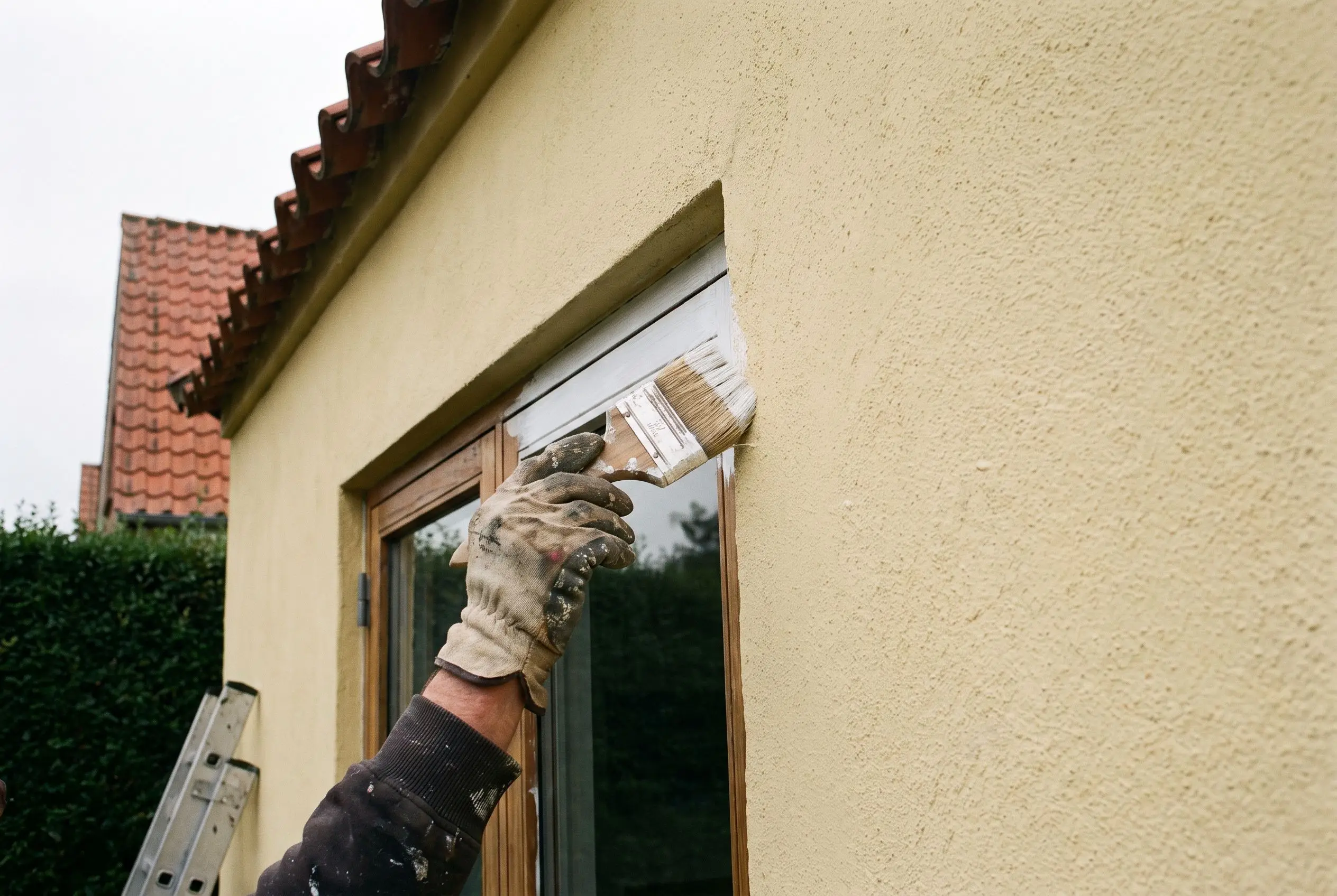 Pensel maler en hvid vinduesramme på en pudset villa med gul facade og rødt tegltag i gråt dansk dagslys