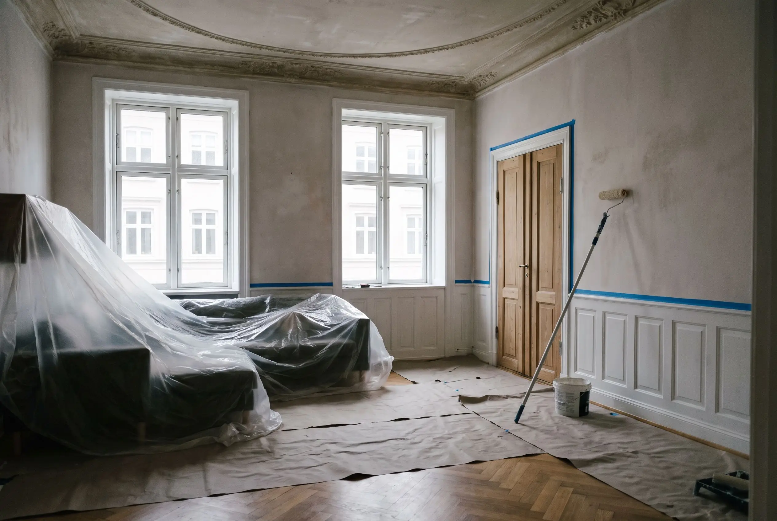 Stue med stuk og brystningspaneler gjort klar til maling med afdækningspap på gulvet, møbler under plast og malertape langs panelerne